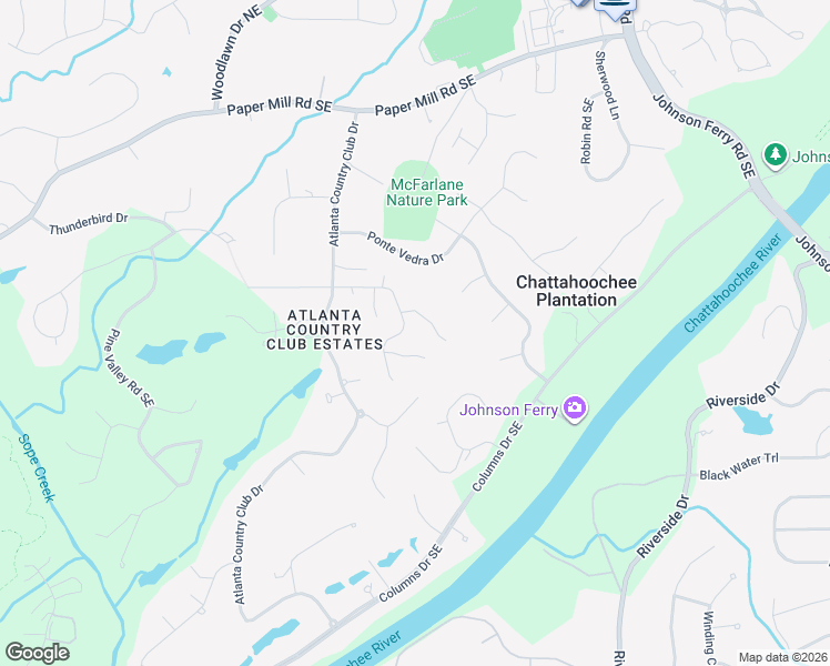map of restaurants, bars, coffee shops, grocery stores, and more near 4479 Chattahoochee Plantation Drive Southeast in Marietta