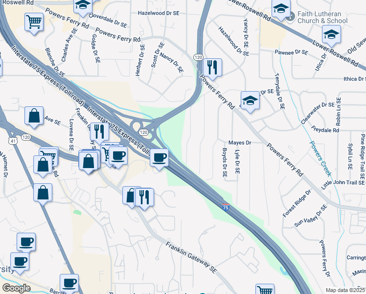 map of restaurants, bars, coffee shops, grocery stores, and more near 524 Meadowbrook Drive Southeast in Marietta