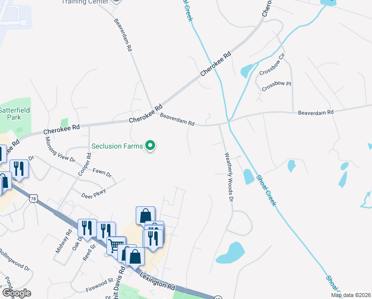 map of restaurants, bars, coffee shops, grocery stores, and more near 150 Pine Creek Way in Winterville