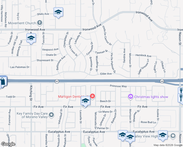 map of restaurants, bars, coffee shops, grocery stores, and more near 12438 Brewster Drive in Moreno Valley