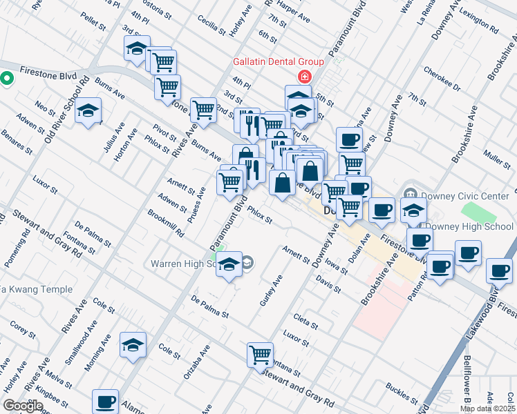 map of restaurants, bars, coffee shops, grocery stores, and more near 8029 Phlox Street in Downey