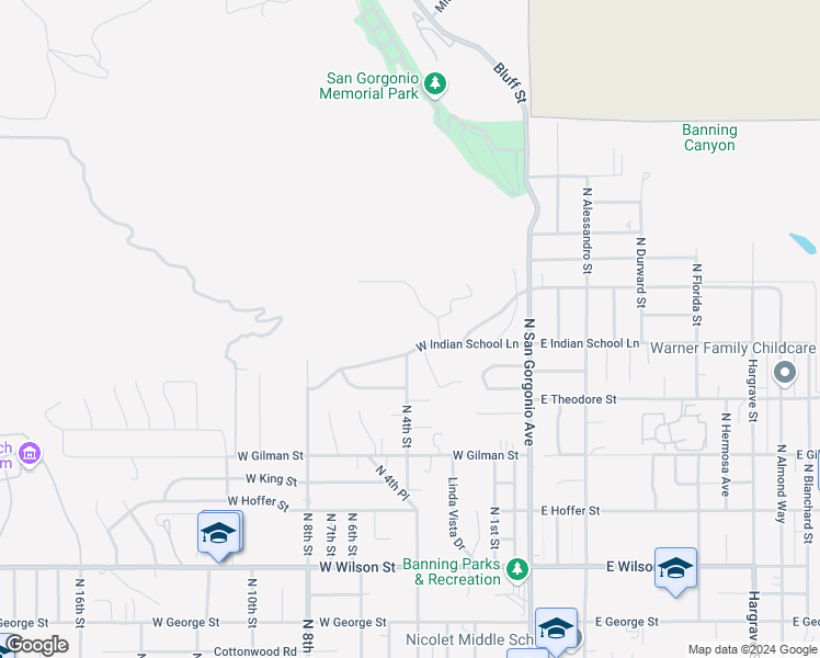 map of restaurants, bars, coffee shops, grocery stores, and more near 417 West Indian School Lane in Banning