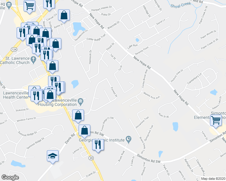 map of restaurants, bars, coffee shops, grocery stores, and more near 122 Forest Place in Lawrenceville