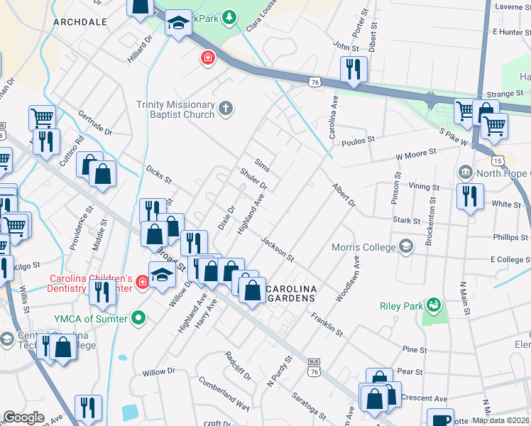 map of restaurants, bars, coffee shops, grocery stores, and more near 206 Montreat Street in Sumter
