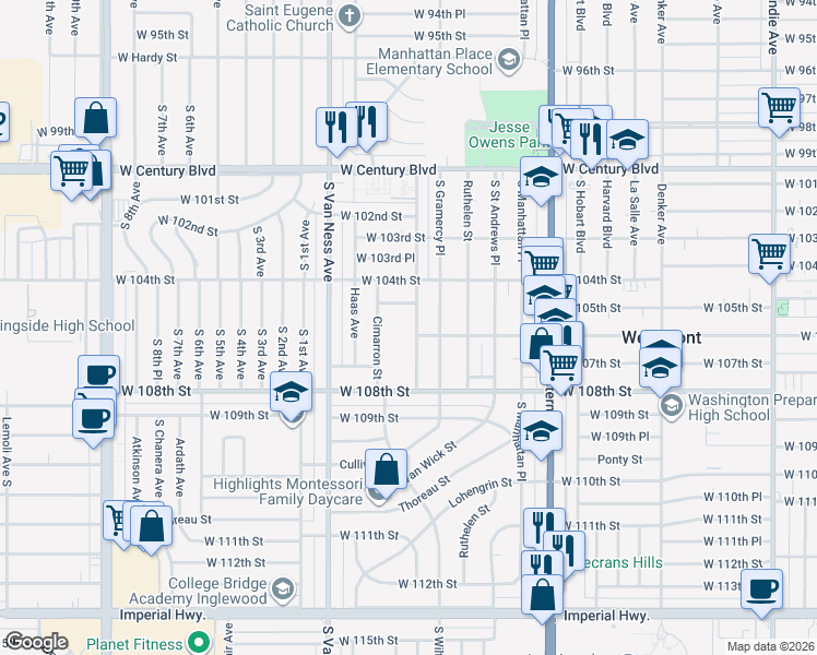 map of restaurants, bars, coffee shops, grocery stores, and more near 10527 South Wilton Place in Los Angeles