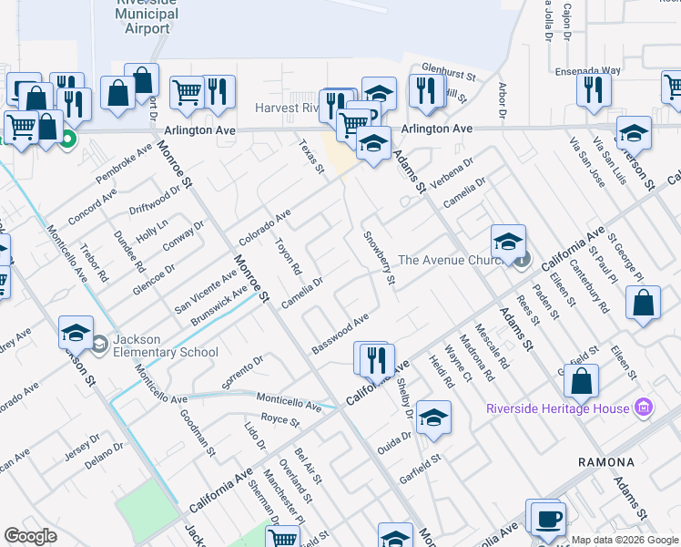 map of restaurants, bars, coffee shops, grocery stores, and more near 8524 Camelia Drive in Riverside