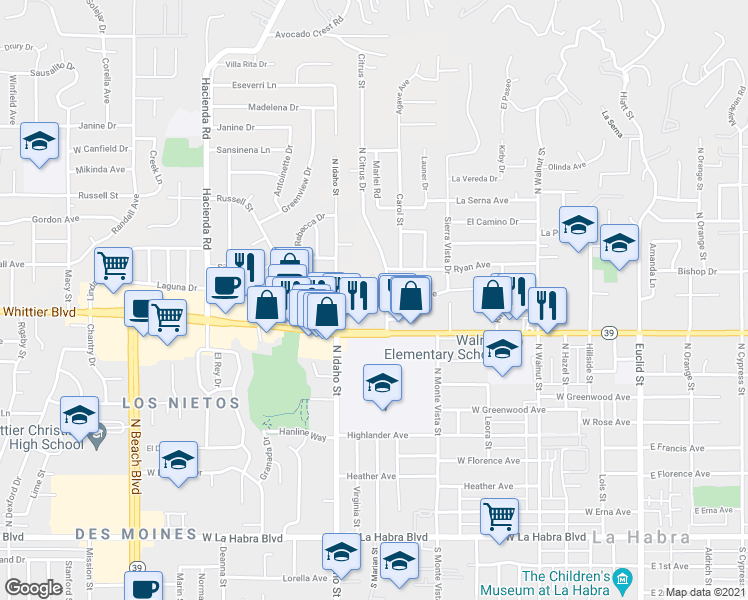 map of restaurants, bars, coffee shops, grocery stores, and more near 920 Linda Avenue in La Habra