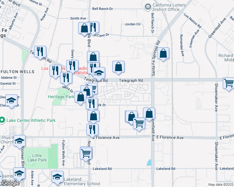 map of restaurants, bars, coffee shops, grocery stores, and more near 12329 Heritage Springs Drive in Santa Fe Springs