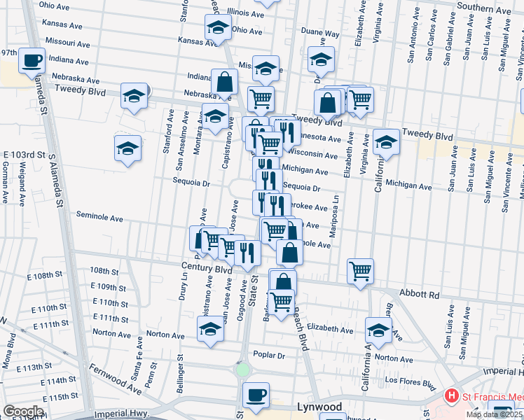 map of restaurants, bars, coffee shops, grocery stores, and more near 10349 Long Beach Boulevard in Lynwood