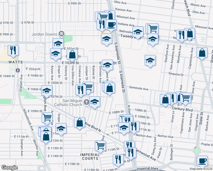 map of restaurants, bars, coffee shops, grocery stores, and more near 2322 East 105th Street in Los Angeles