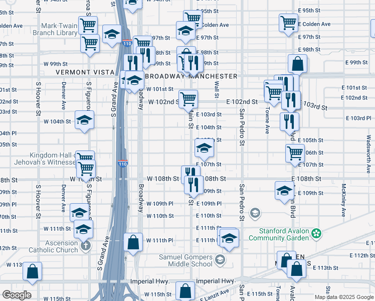 map of restaurants, bars, coffee shops, grocery stores, and more near 10516 South Main Street in Los Angeles