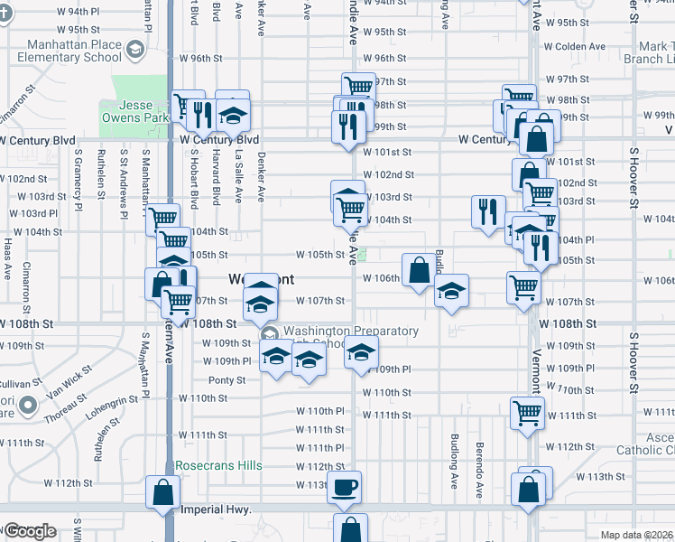 map of restaurants, bars, coffee shops, grocery stores, and more near 1340 West 106th Street in Los Angeles