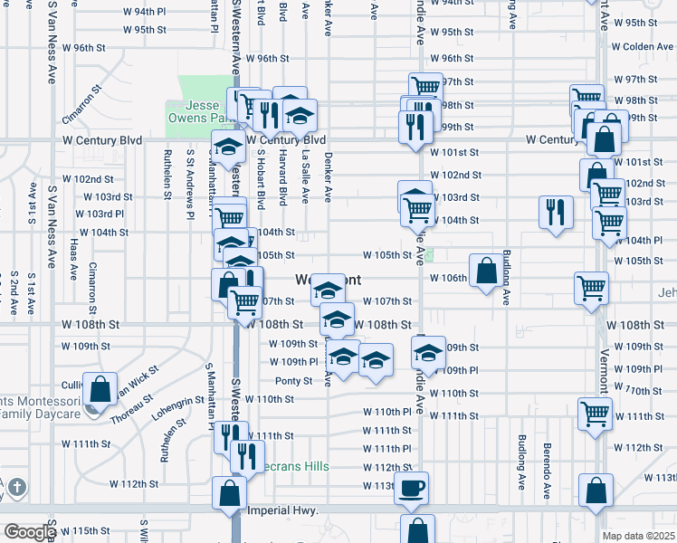 map of restaurants, bars, coffee shops, grocery stores, and more near 1534 West 105th Street in Los Angeles