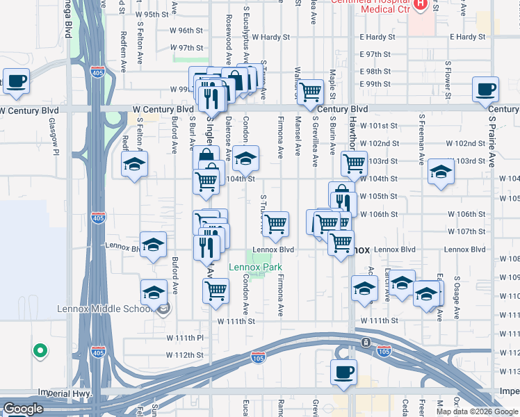 map of restaurants, bars, coffee shops, grocery stores, and more near 10520 Condon Avenue in Inglewood