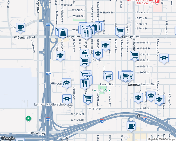 map of restaurants, bars, coffee shops, grocery stores, and more near 10600 South Inglewood Avenue in Inglewood