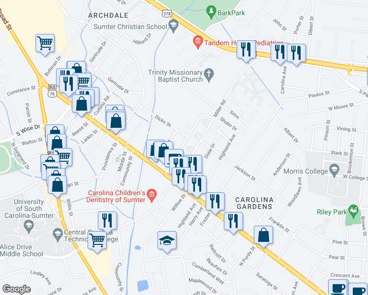 map of restaurants, bars, coffee shops, grocery stores, and more near 643 Miller Road in Sumter