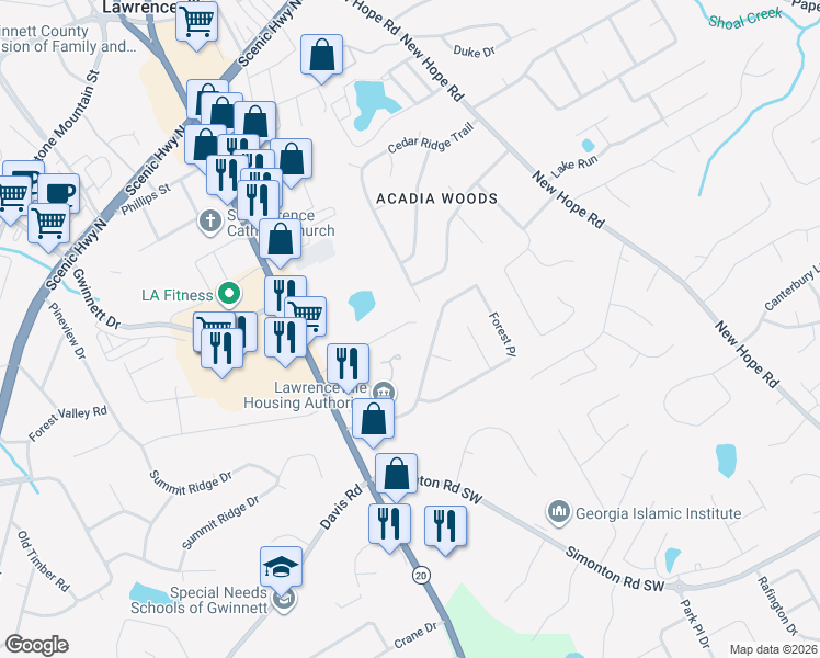map of restaurants, bars, coffee shops, grocery stores, and more near 110 Kubol Drive in Lawrenceville
