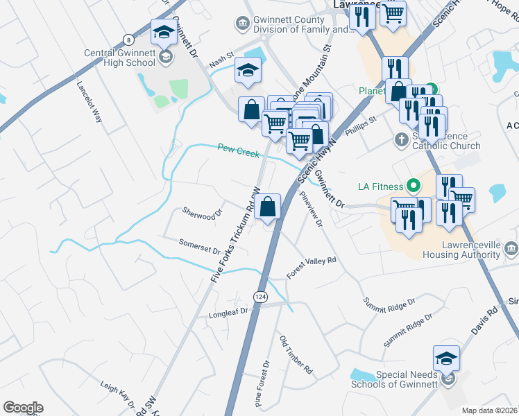 map of restaurants, bars, coffee shops, grocery stores, and more near 373 Stone Mountain Street in Lawrenceville