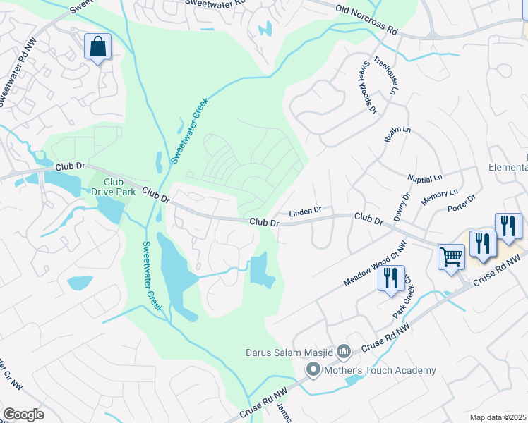 map of restaurants, bars, coffee shops, grocery stores, and more near 3183-3189 Club Drive in Lawrenceville