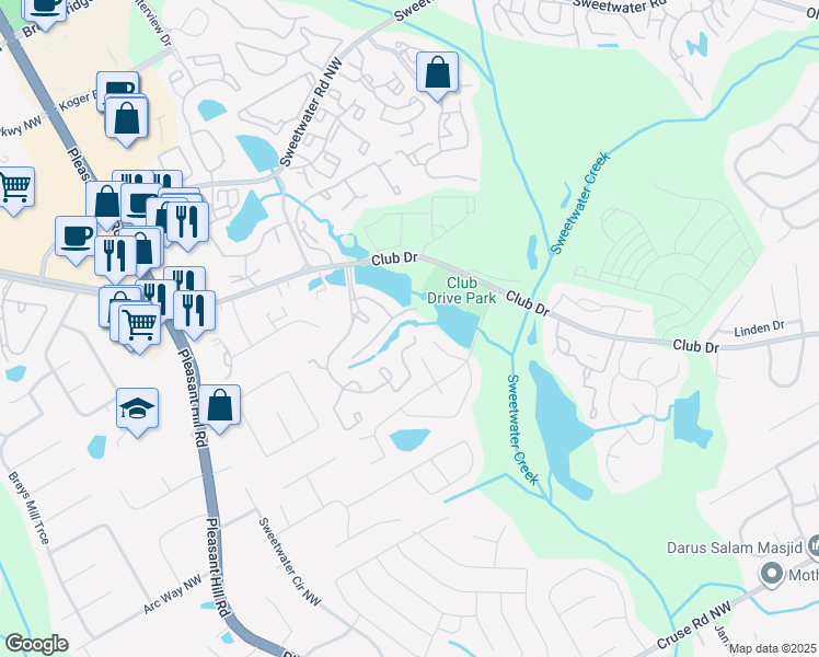 map of restaurants, bars, coffee shops, grocery stores, and more near 2501 Club Lakes Parkway in Lawrenceville