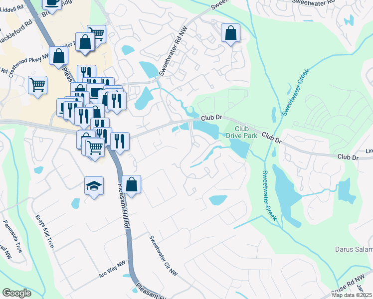 map of restaurants, bars, coffee shops, grocery stores, and more near 3400 Club Lakes Parkway in Lawrenceville