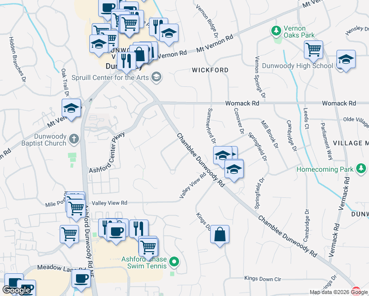 map of restaurants, bars, coffee shops, grocery stores, and more near 1417 Nerine Circle in Dunwoody