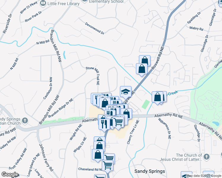 map of restaurants, bars, coffee shops, grocery stores, and more near 6795 Sunny Brook Lane Northeast in Atlanta