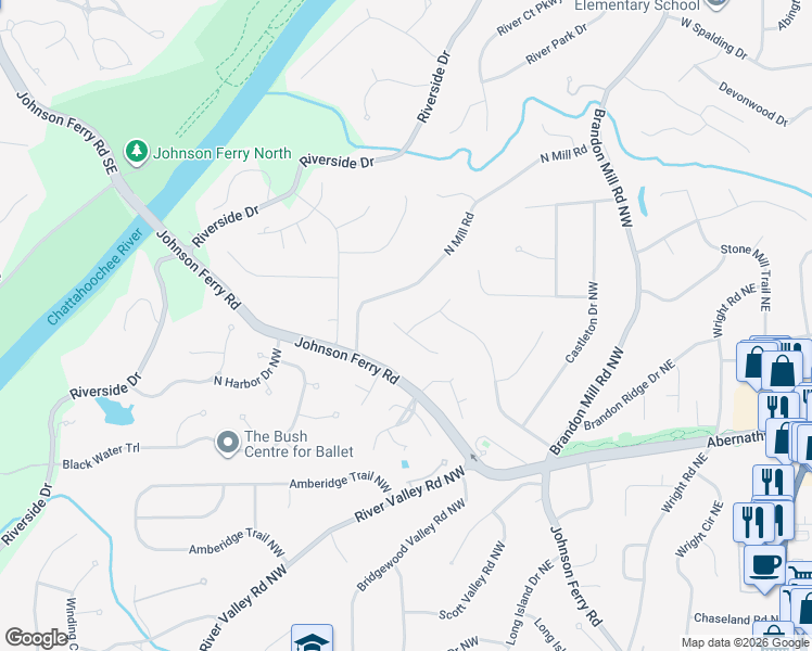 map of restaurants, bars, coffee shops, grocery stores, and more near 6750 River Springs Lane in Atlanta