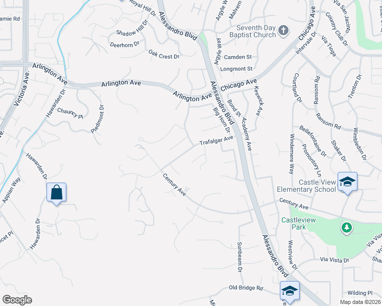 map of restaurants, bars, coffee shops, grocery stores, and more near 2210 Trafalgar Avenue in Riverside