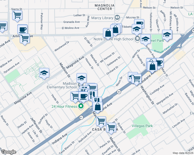 map of restaurants, bars, coffee shops, grocery stores, and more near 3620 Hoover Street in Riverside