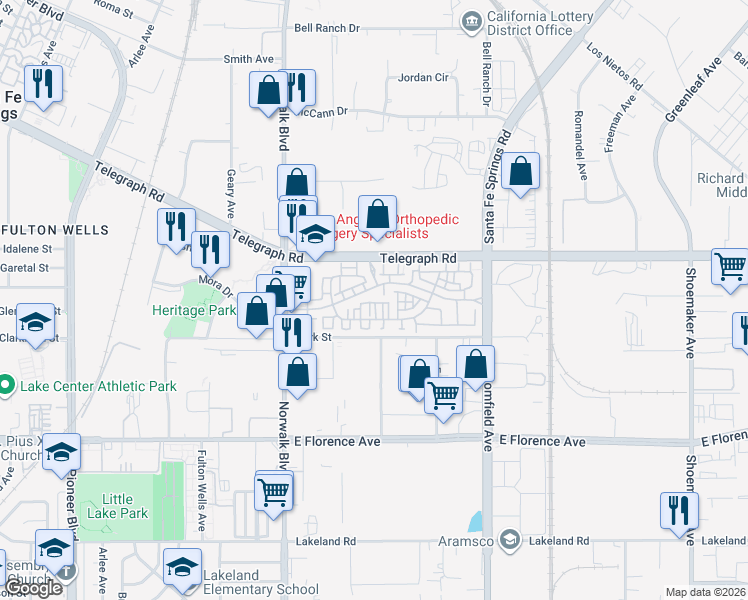 map of restaurants, bars, coffee shops, grocery stores, and more near 12343 Azaleas Drive in Santa Fe Springs