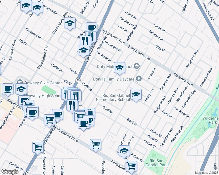 map of restaurants, bars, coffee shops, grocery stores, and more near 10515 Chaney Avenue in Downey
