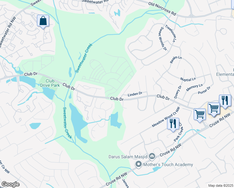 map of restaurants, bars, coffee shops, grocery stores, and more near 3183-3189 Club Drive in Lawrenceville