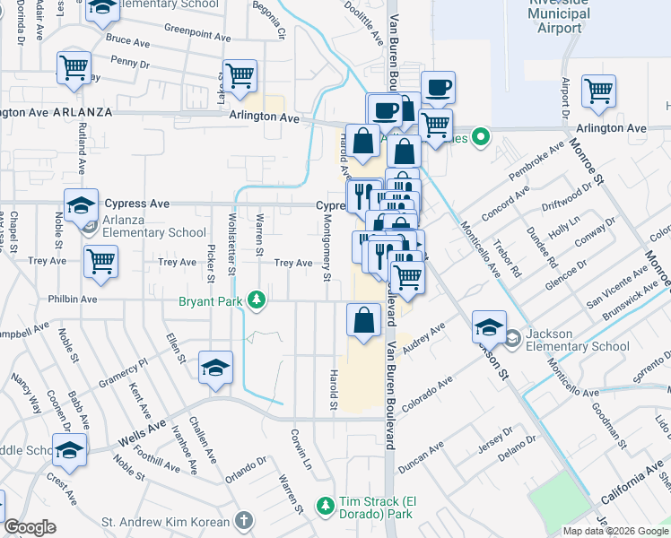 map of restaurants, bars, coffee shops, grocery stores, and more near 5795 Montgomery Street in Riverside