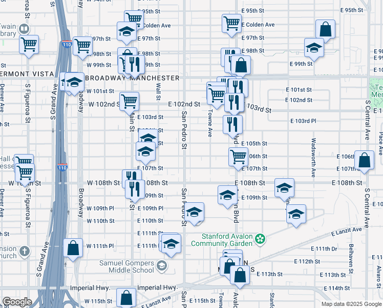 map of restaurants, bars, coffee shops, grocery stores, and more near 315 E 106th St in Los Angeles