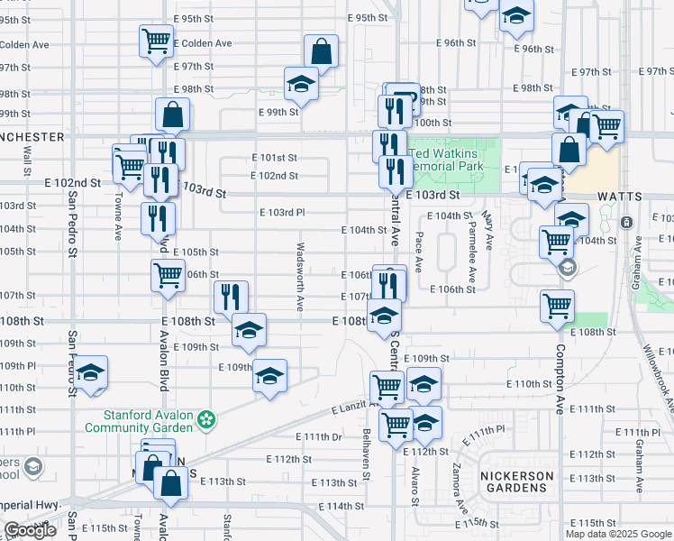 map of restaurants, bars, coffee shops, grocery stores, and more near 951 East 106th Street in Los Angeles