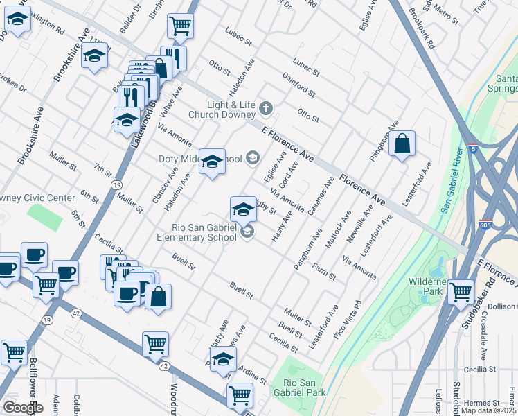 map of restaurants, bars, coffee shops, grocery stores, and more near 9338 Bigby Street in Downey