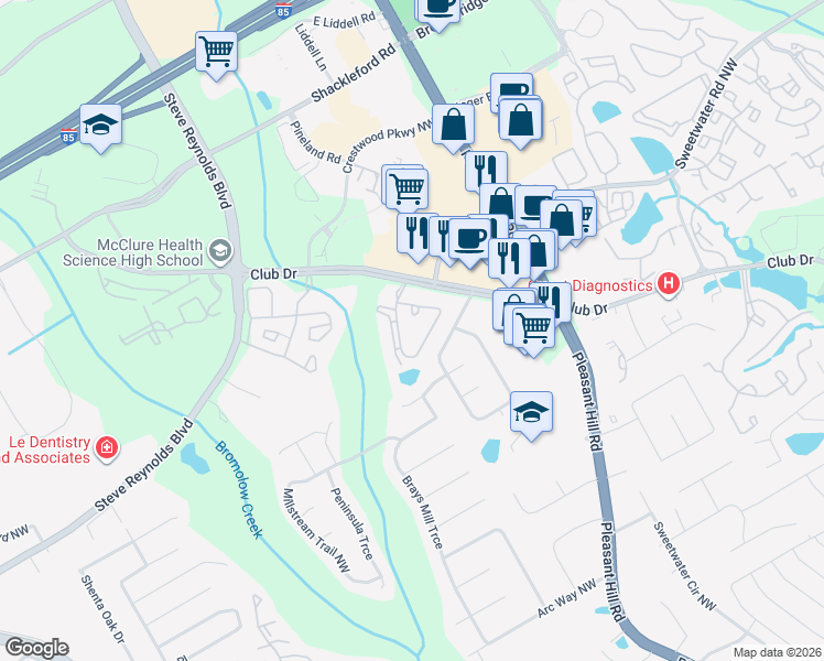 map of restaurants, bars, coffee shops, grocery stores, and more near Woodington Circle in Lawrenceville
