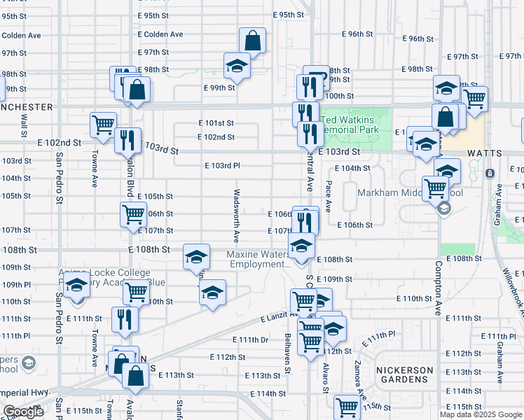 map of restaurants, bars, coffee shops, grocery stores, and more near 947 East 106th Street in Los Angeles