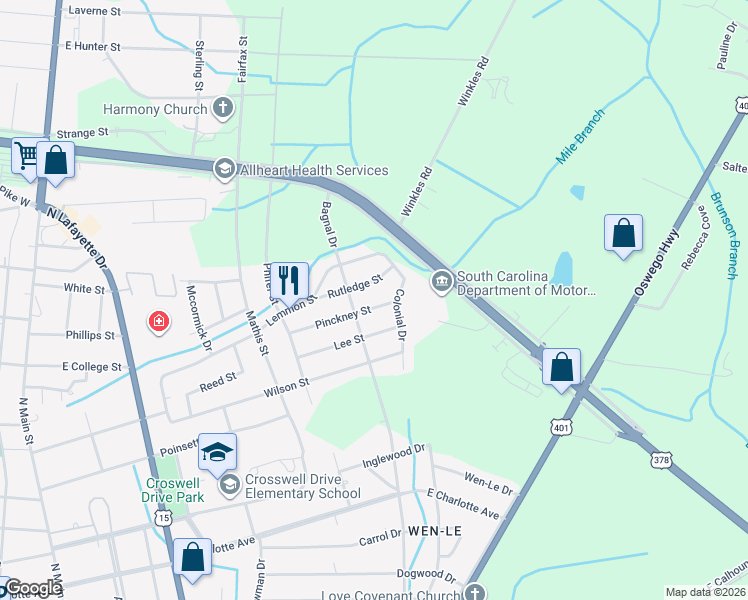 map of restaurants, bars, coffee shops, grocery stores, and more near 315 Pinckney Street in Sumter