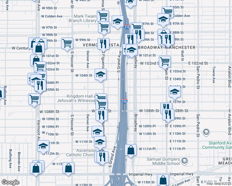 map of restaurants, bars, coffee shops, grocery stores, and more near 409 West 106th Street in Los Angeles
