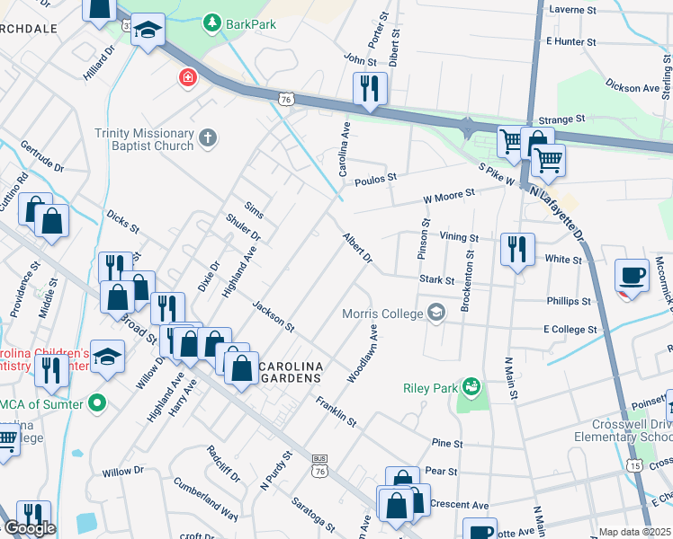 map of restaurants, bars, coffee shops, grocery stores, and more near 137 N Milton Rd in Sumter