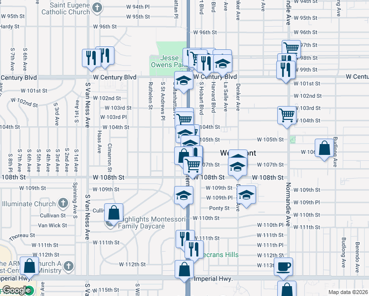 map of restaurants, bars, coffee shops, grocery stores, and more near 10523 South Western Avenue in Los Angeles