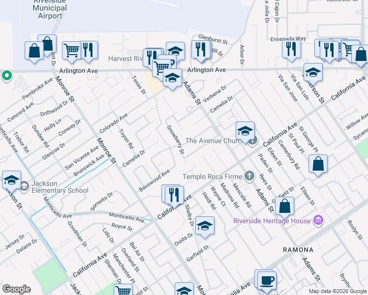 map of restaurants, bars, coffee shops, grocery stores, and more near 8444 Raintree Avenue in Riverside