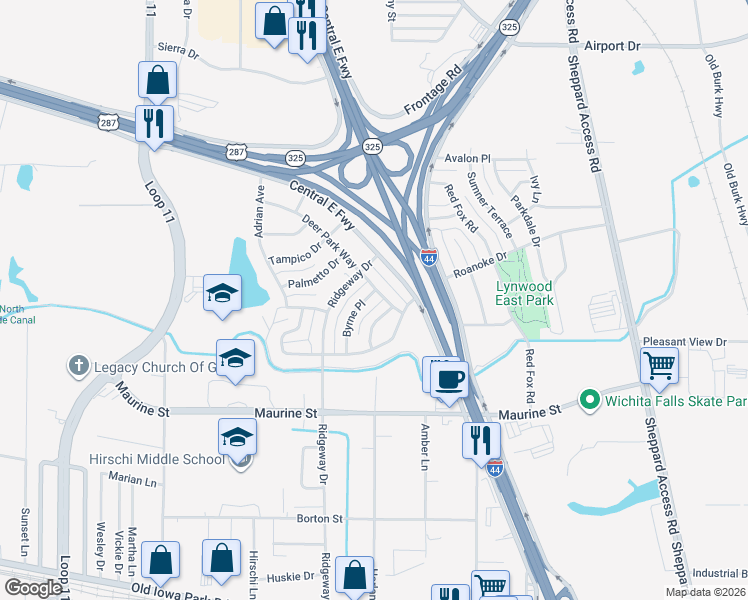 map of restaurants, bars, coffee shops, grocery stores, and more near 2703 Byrne Pl in Wichita Falls
