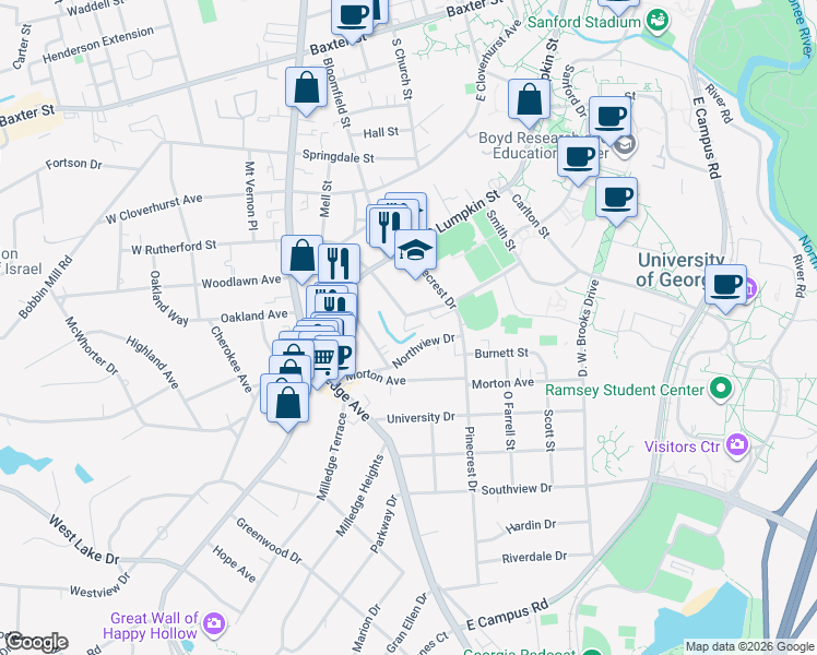 map of restaurants, bars, coffee shops, grocery stores, and more near 150 East Rutherford Street in Athens