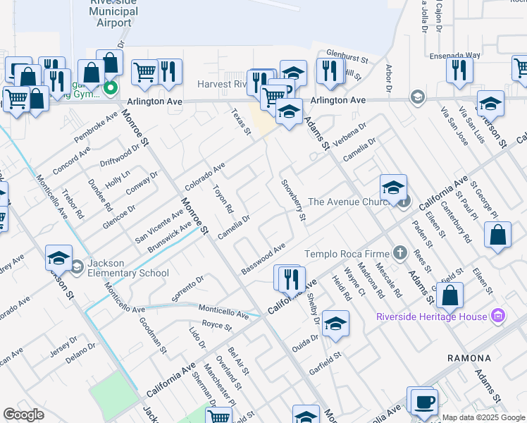 map of restaurants, bars, coffee shops, grocery stores, and more near 8524 Camelia Drive in Riverside
