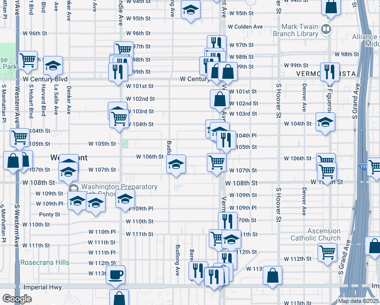 map of restaurants, bars, coffee shops, grocery stores, and more near 1111 West 106th Street in Los Angeles