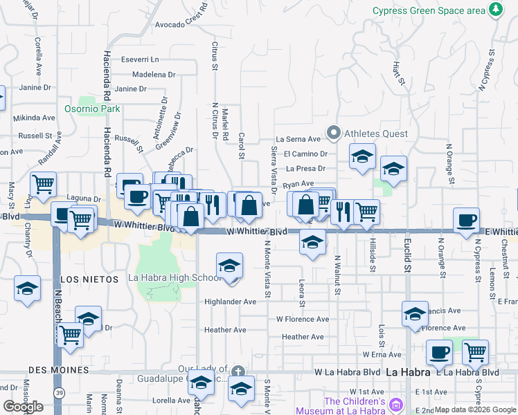map of restaurants, bars, coffee shops, grocery stores, and more near 810 Linda Avenue in La Habra
