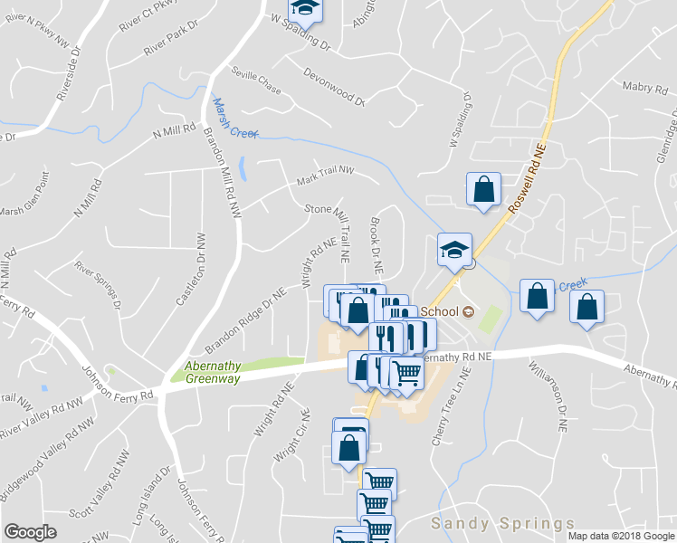 map of restaurants, bars, coffee shops, grocery stores, and more near 230 Stone Mill Trail Northeast in Atlanta